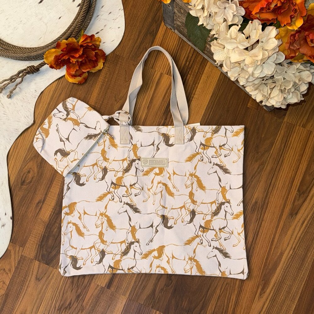 NEW Rock & Roll Denim Cowgirl Running Horse Print 100% Cotton Canvas Tote